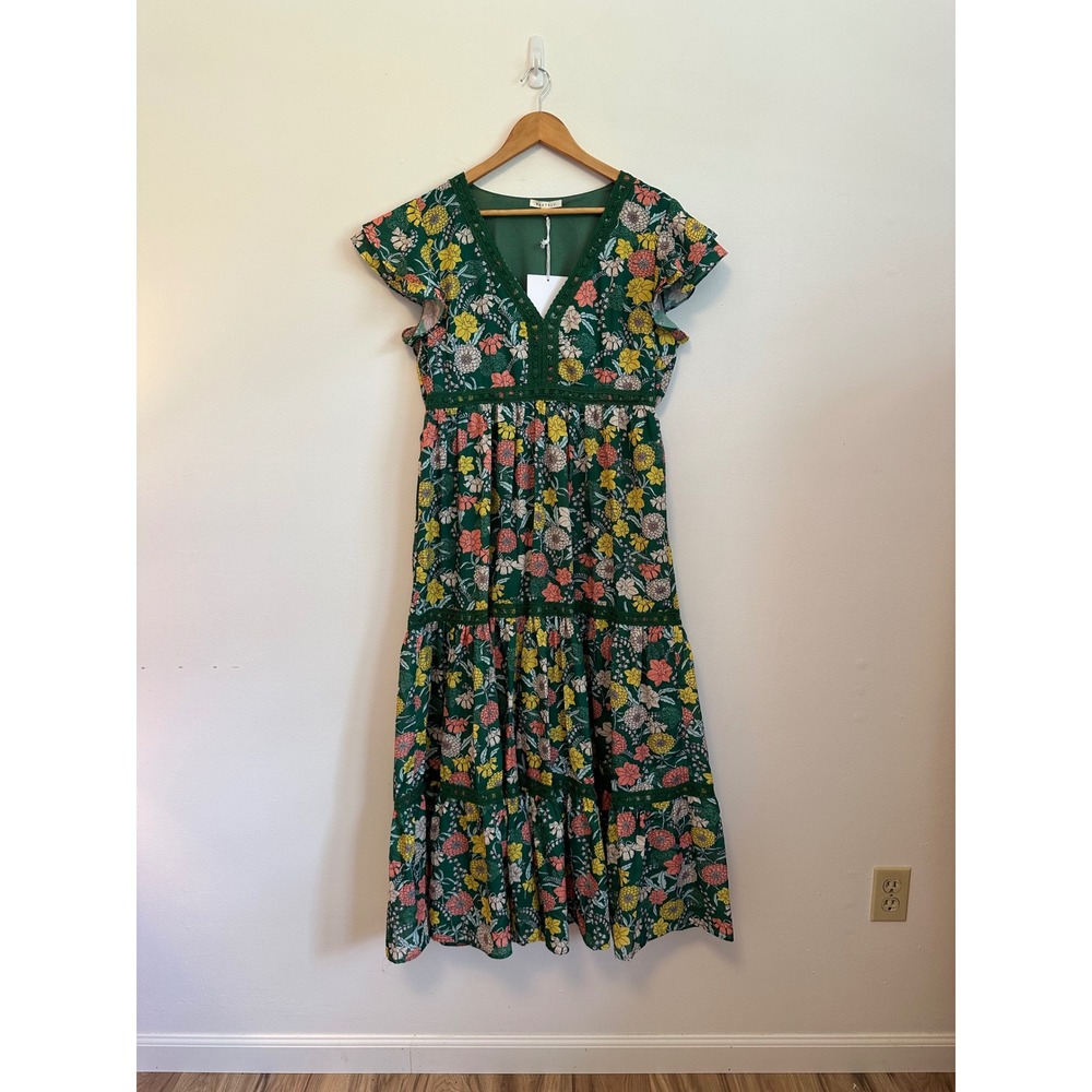NWT BaeVely Green Floral Tiered Flutter‎ Sleeve Maxi Dress | Size Large